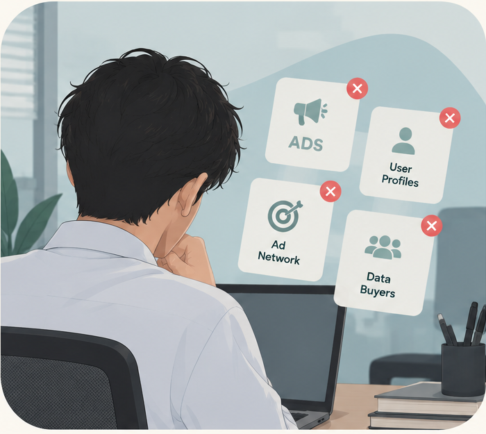 No ad network, no user profiles, no data buyers
