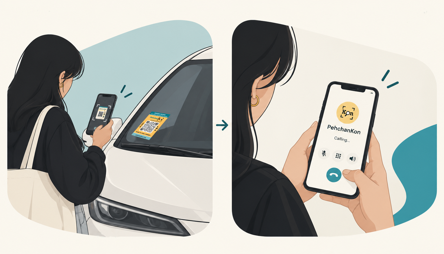 Someone scans a PehchanKon QR sticker on a car window, then calls the owner without seeing their number